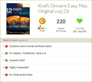Fooducate result for Easy Mac